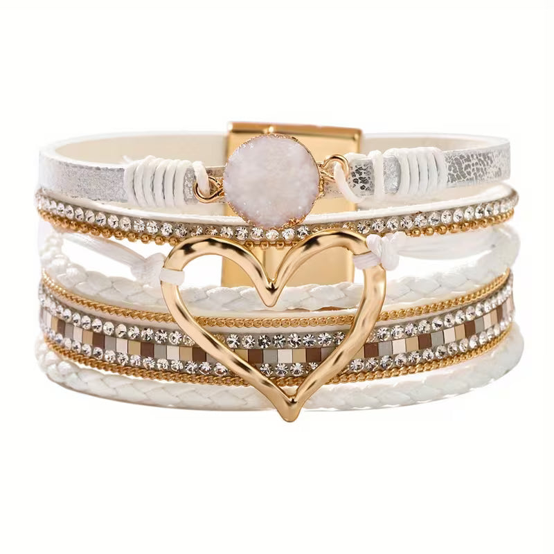 Georgia - Pulsera de cuero con corazón bohemio de varias capas