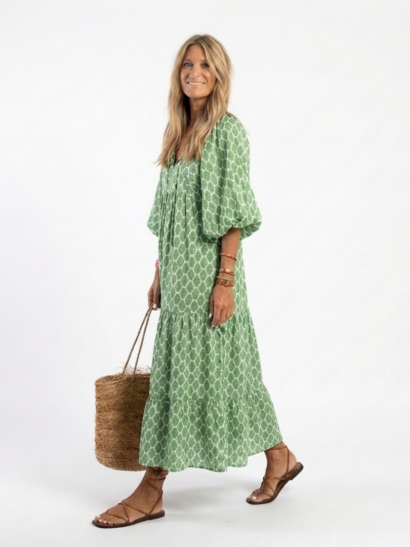 Apolil | Vestido midi con cuello en V y manga tres cuartos