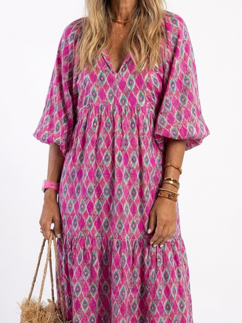 Apolil | Vestido midi con cuello en V y manga tres cuartos