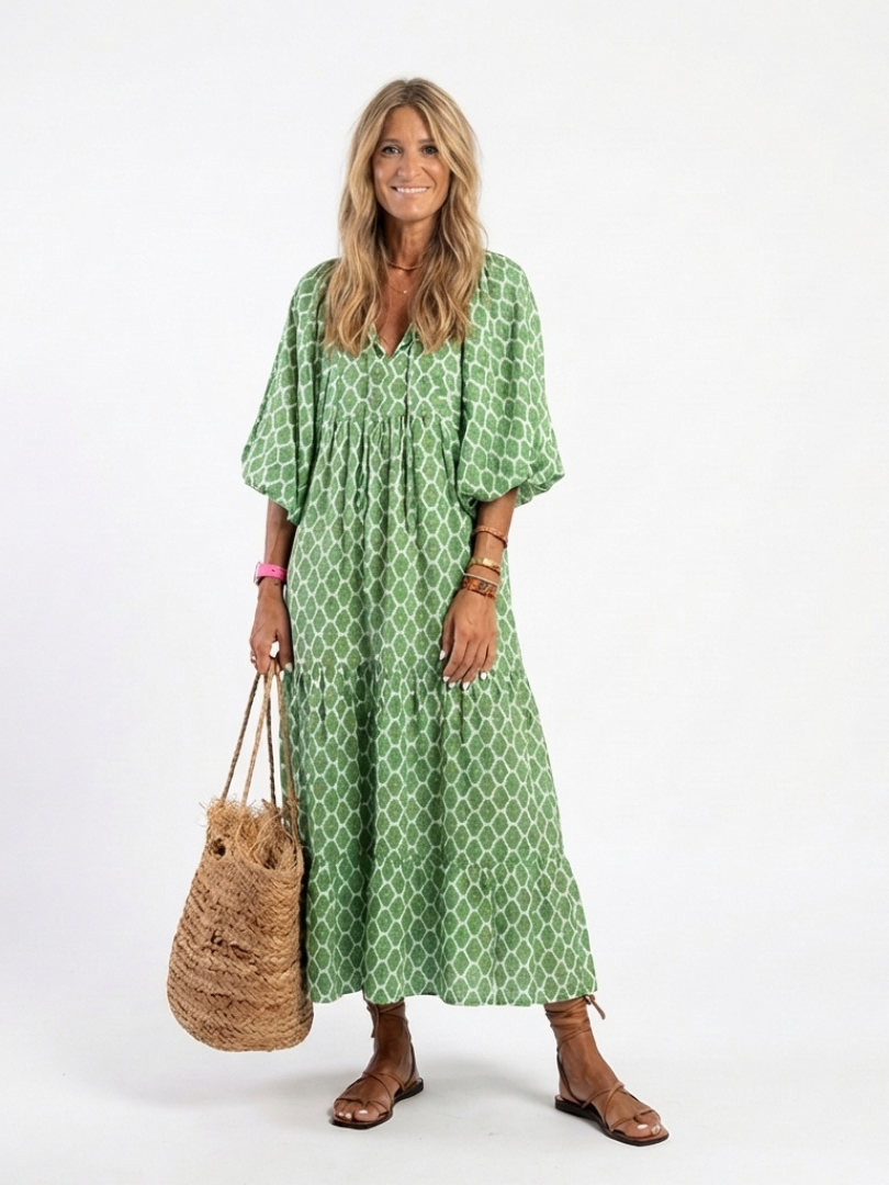 Apolil | Vestido midi con cuello en V y manga tres cuartos