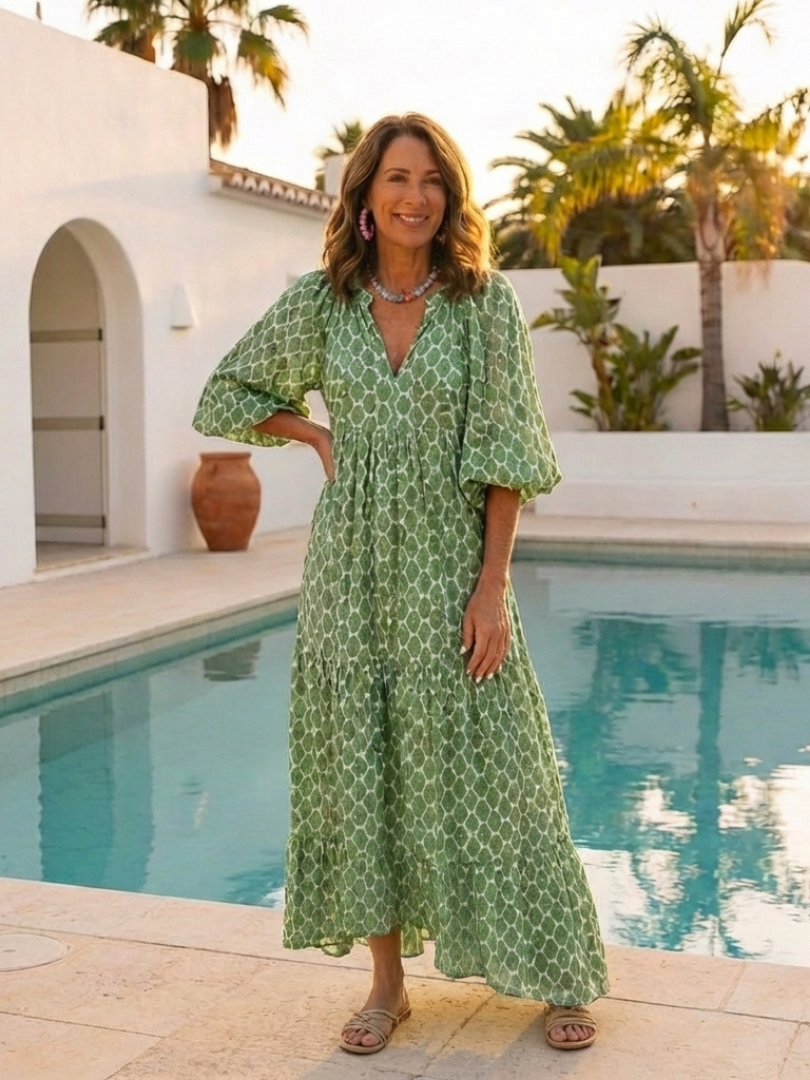 Apolil | Vestido midi con cuello en V y manga tres cuartos