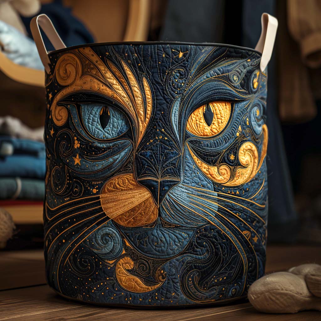 Cesta acolchada con gato bajo un cielo estrellado