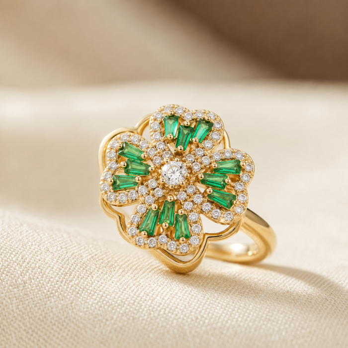 Anillo Floral Esmeralda Dorado