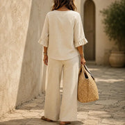 Louna | Conjunto de aspecto de lino con mangas de volantes y pantalones de pierna ancha