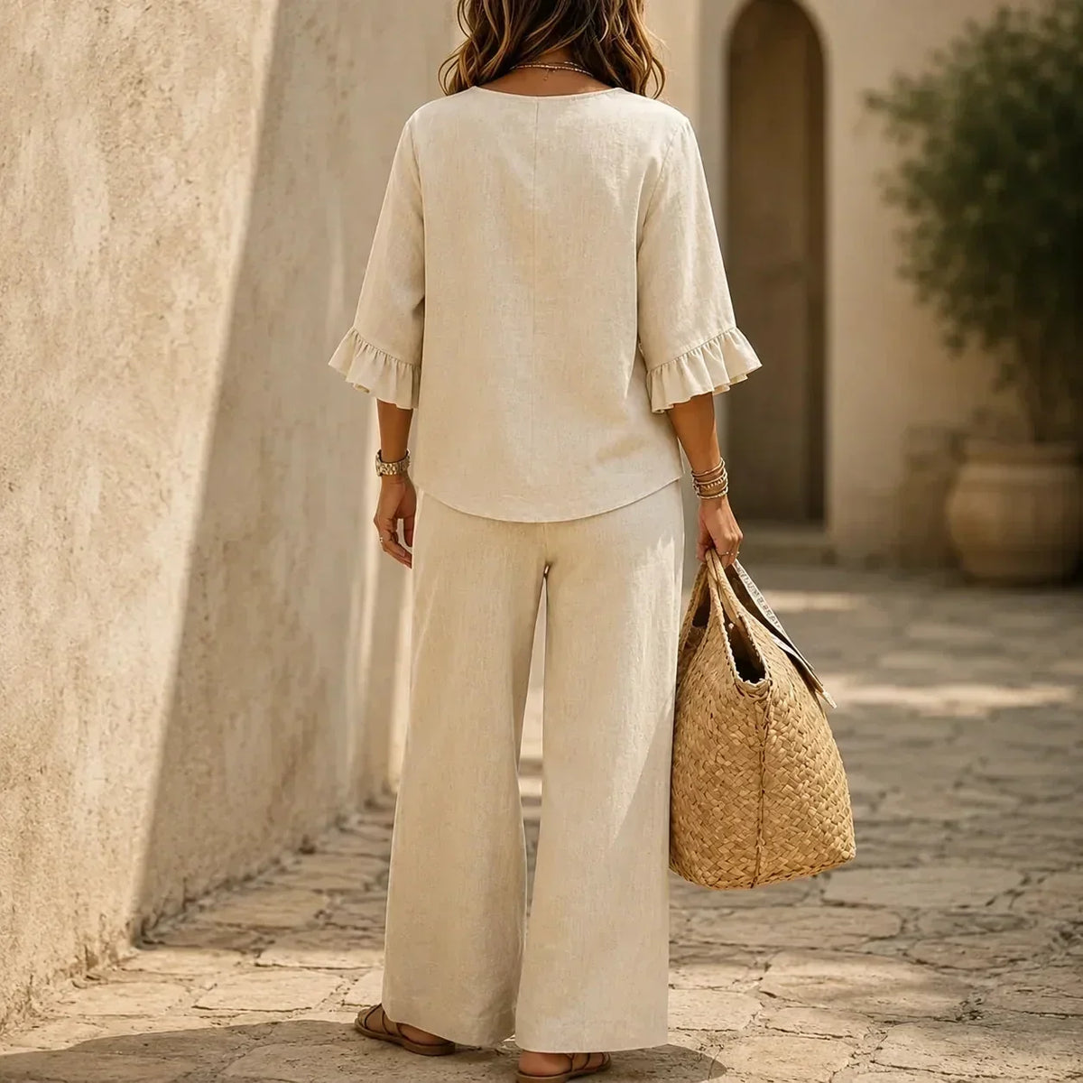Louna | Conjunto de aspecto de lino con mangas de volantes y pantalones de pierna ancha