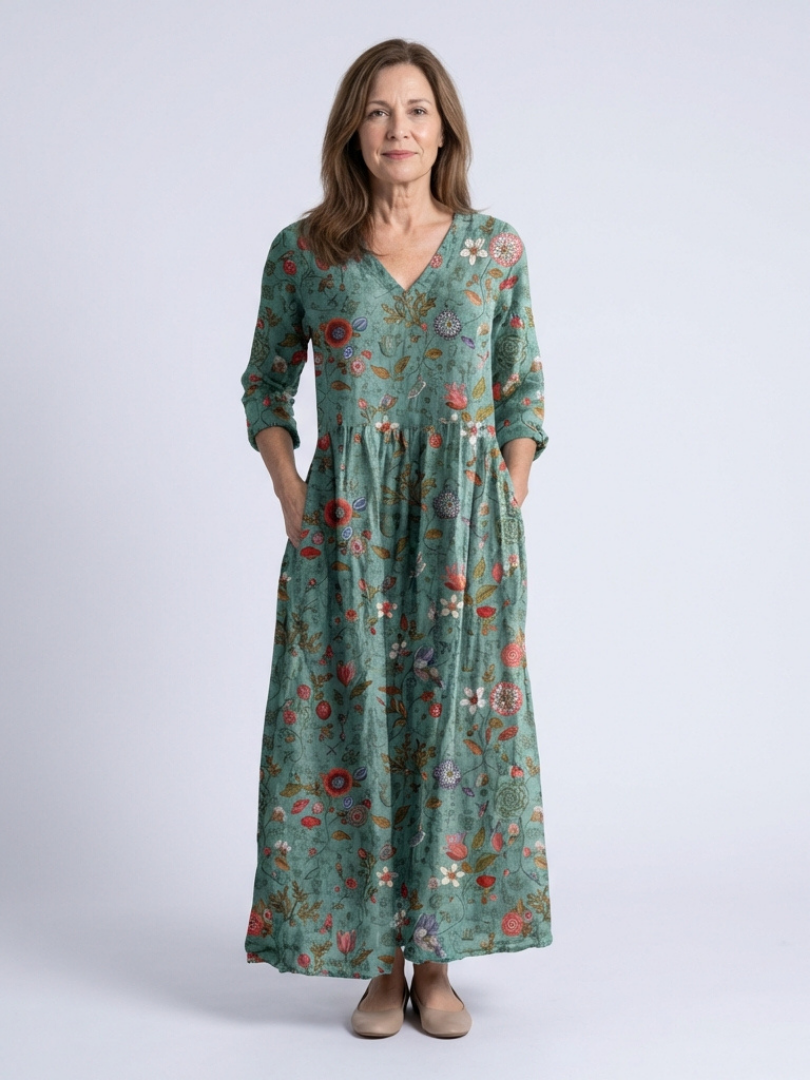 Marina | Vestido maxi de manga tres cuartos con cuello en V floral
