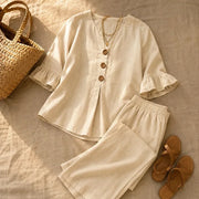 Louna | Conjunto de aspecto de lino con mangas de volantes y pantalones de pierna ancha