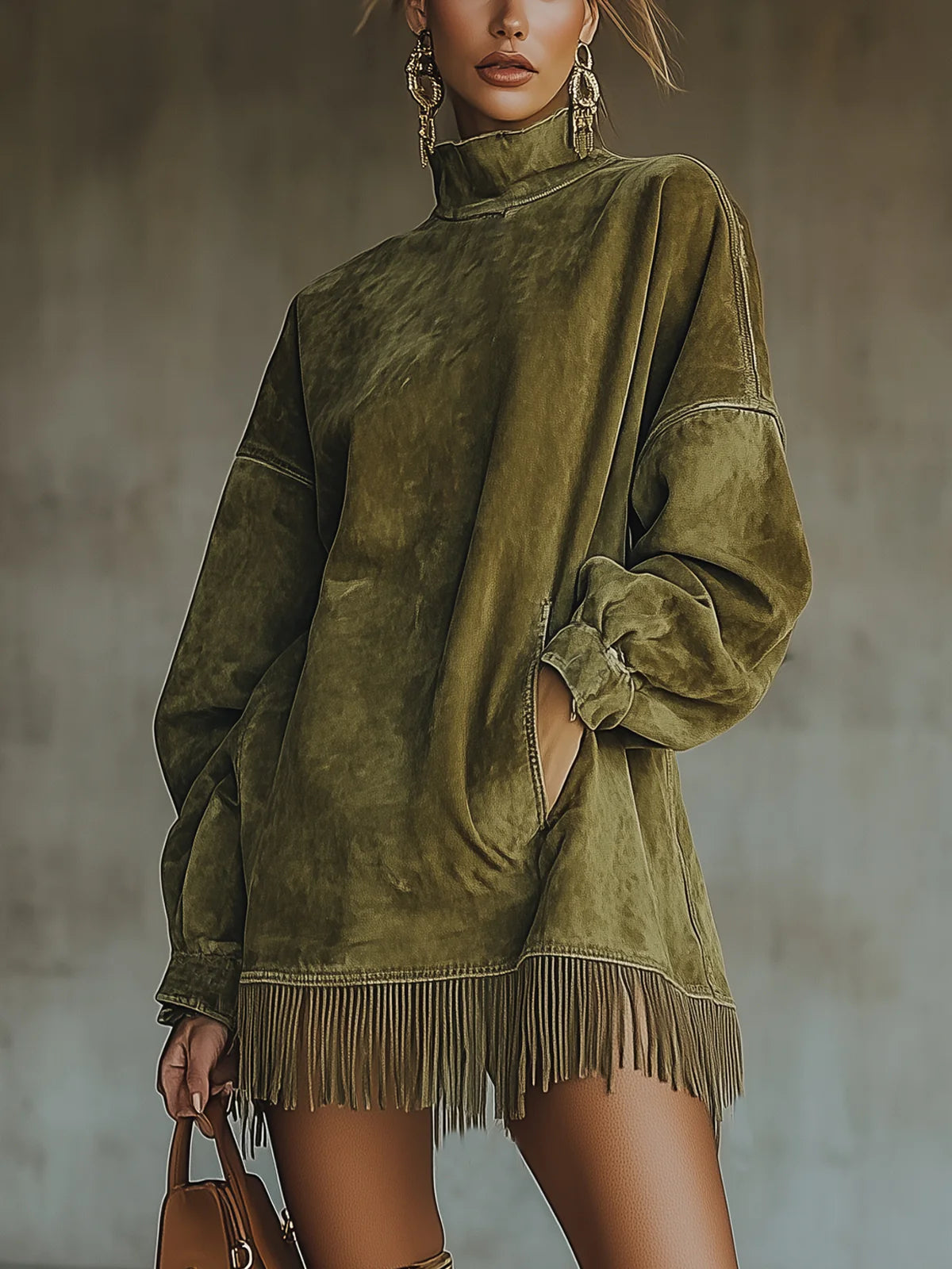 Gabrielle | Vestido de efecto ante con cuello de pico y flecos