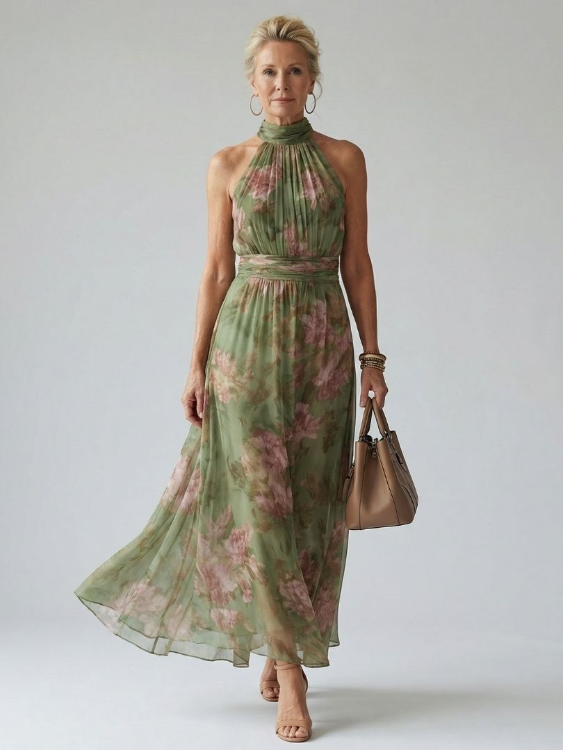 Charlotte-Rose | Vestido midi con estampado floral y cuello halter