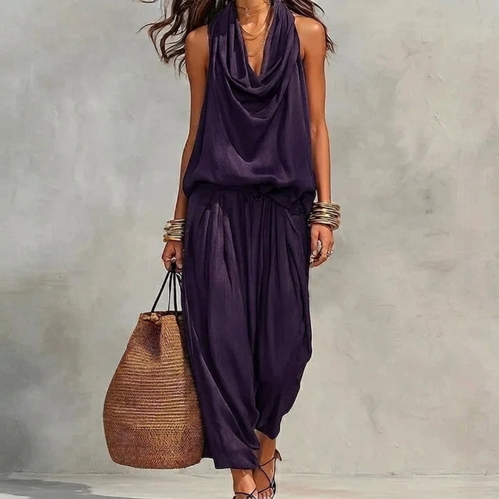 Ambra | Conjunto fluido con top halter drapeado y pantalones