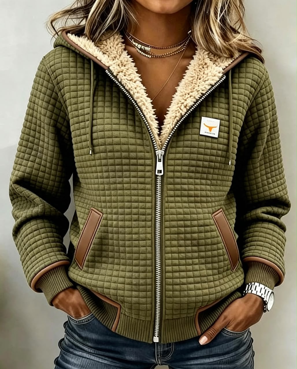 Kennedy | Chaqueta con capucha y forro de sherpa – Verde caqui