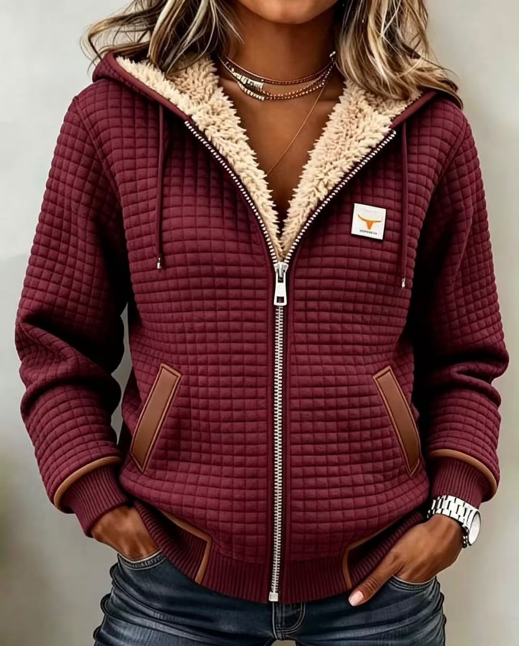 Allison | Chaqueta con capucha y forro de sherpa – Rojo burdeos