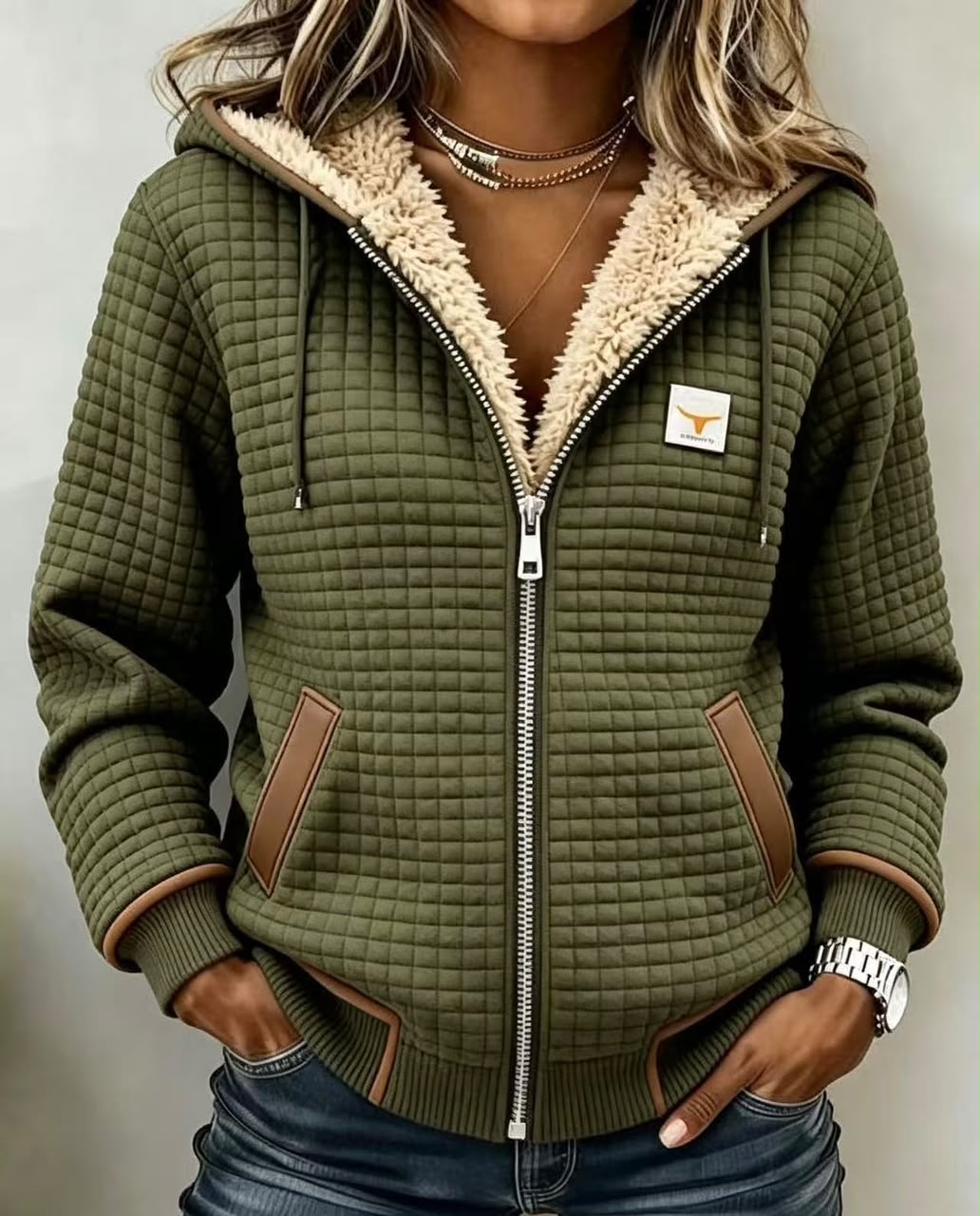 Hailey | Chaqueta con capucha y forro de sherpa – Verde oliva