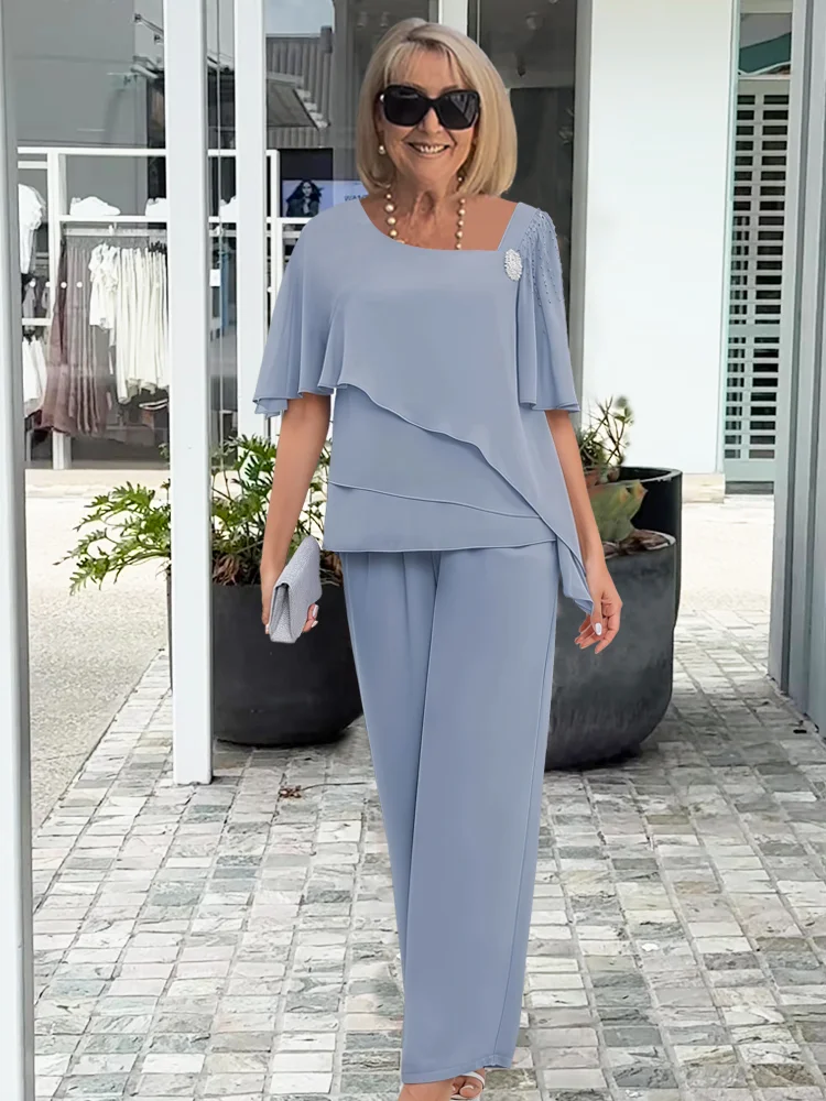 Winnie | Blusa asimétrica en capas y conjunto de pantalones de pierna ancha