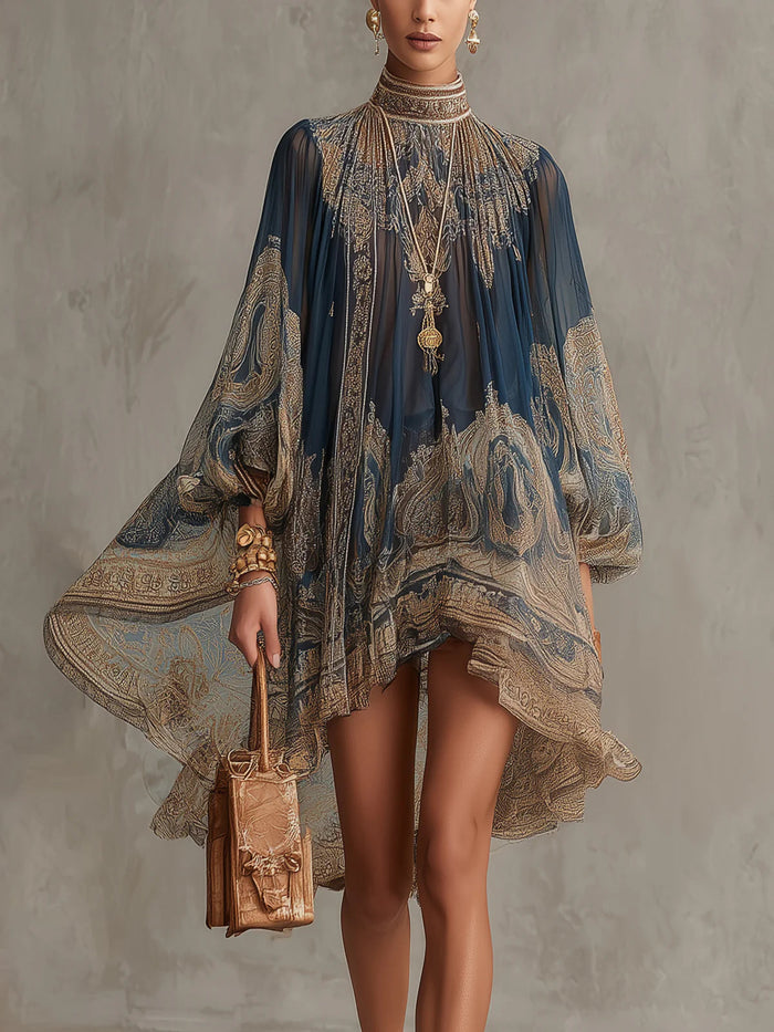Bérénice | Mini vestido asimétrico en gasa semitransparente ligera con estampado barroco azul marino y escote alto