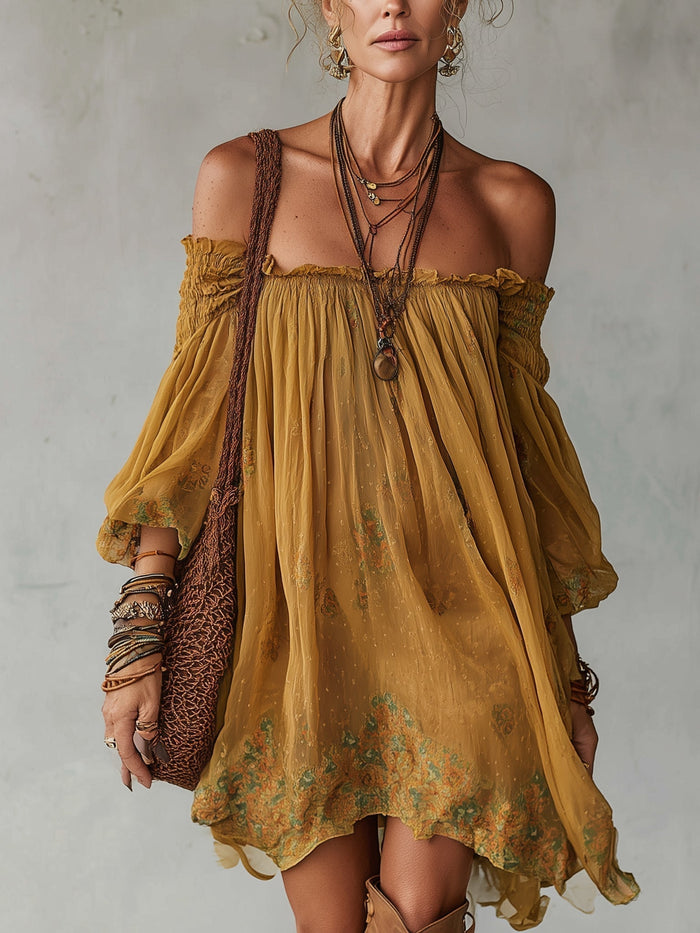 Giunchiglia | Mini vestido floral amarillo, hombros descubiertos