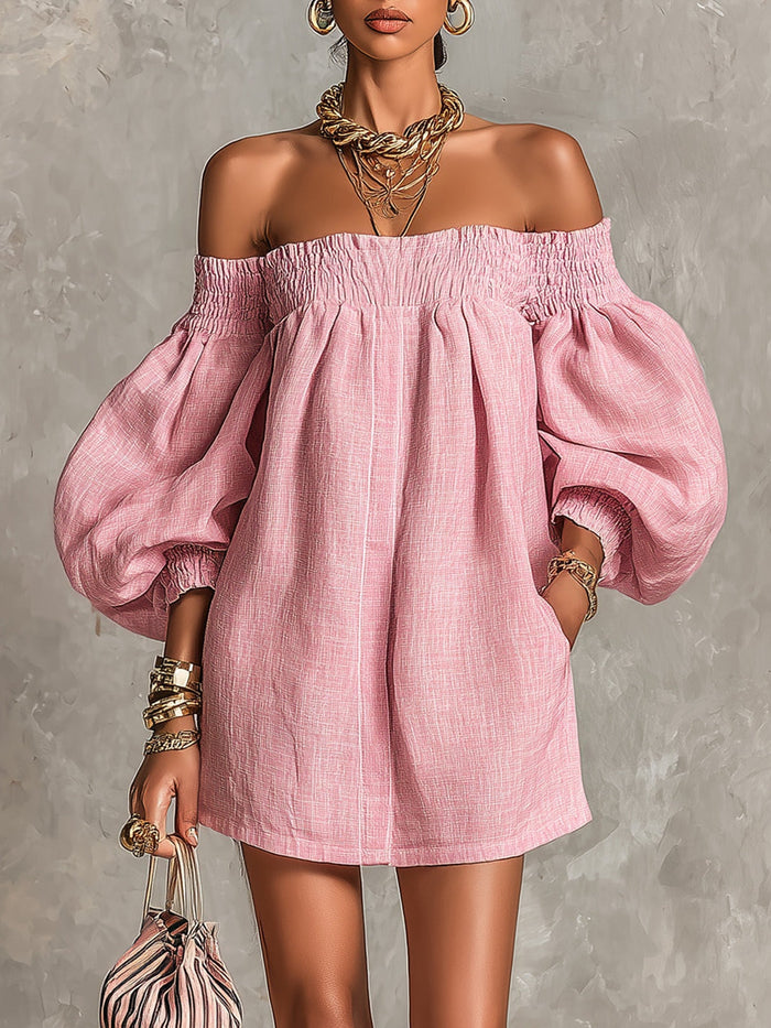 Violeta | Mini vestido rosa con hombros descubiertos con mangas de linterna