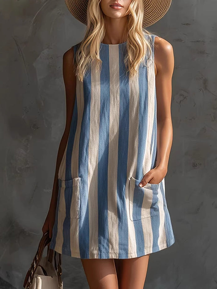 Margot | Mini vestido sin mangas a rayas, cuello redondo