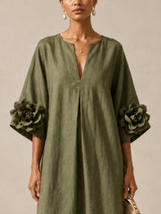 Vestido midi verde oliva con escote en V y llamativas mangas floridas