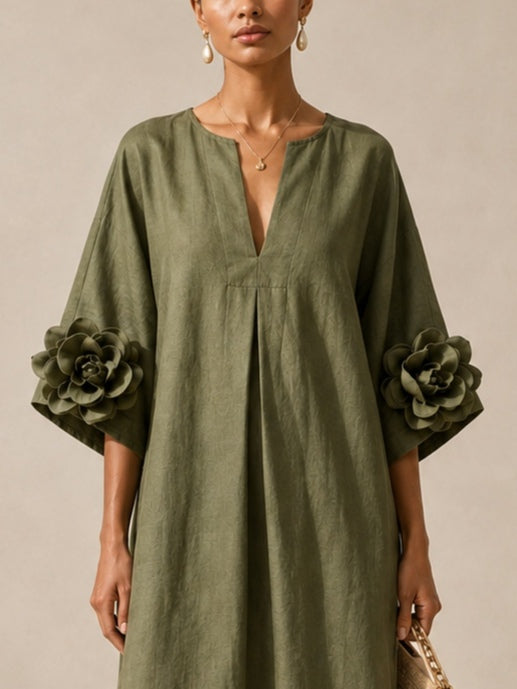 Vestido midi verde oliva con escote en V y llamativas mangas floridas