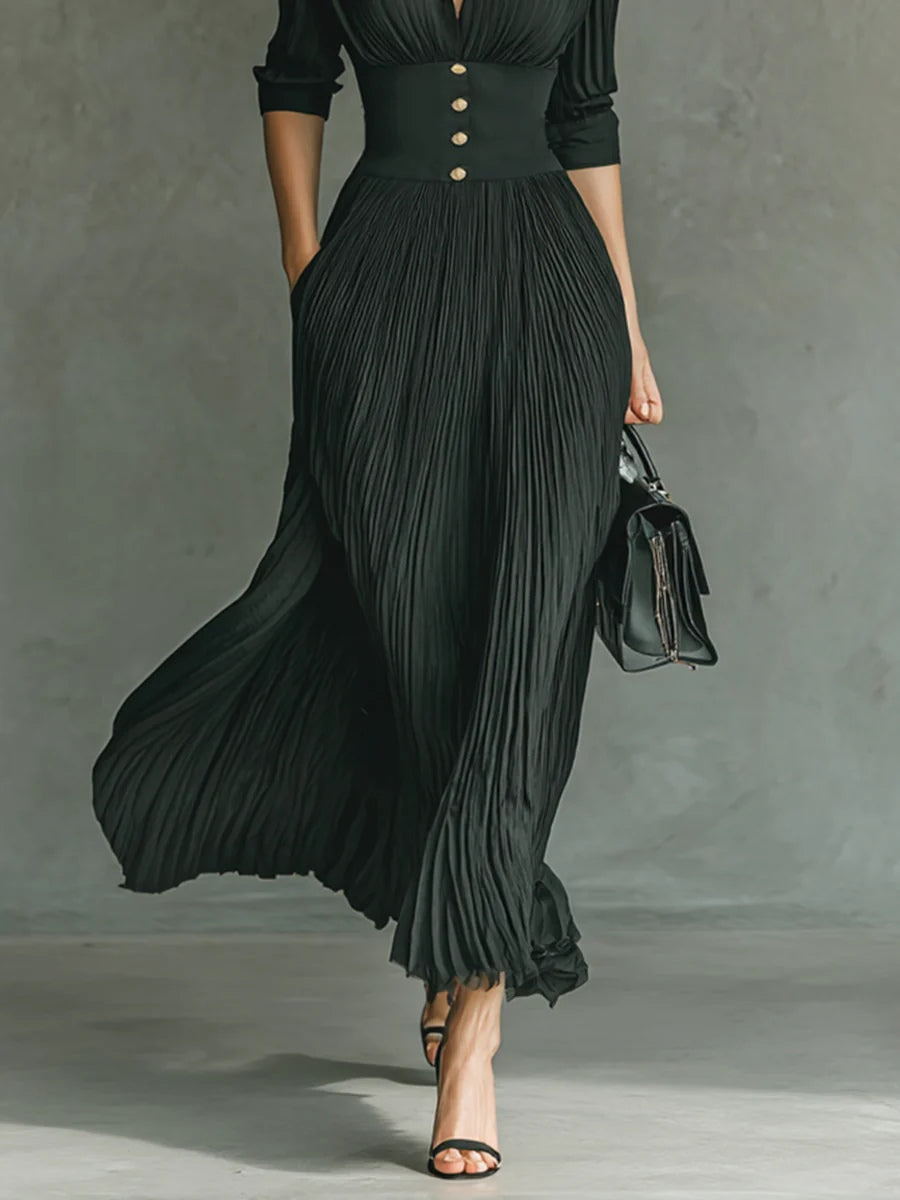 Elvire | Vestido largo plisado con cuello de solapa y cintura alta