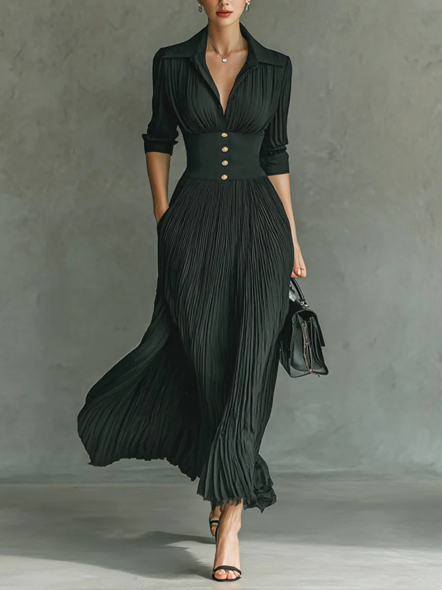Elvire | Vestido largo plisado con cuello de solapa y cintura alta