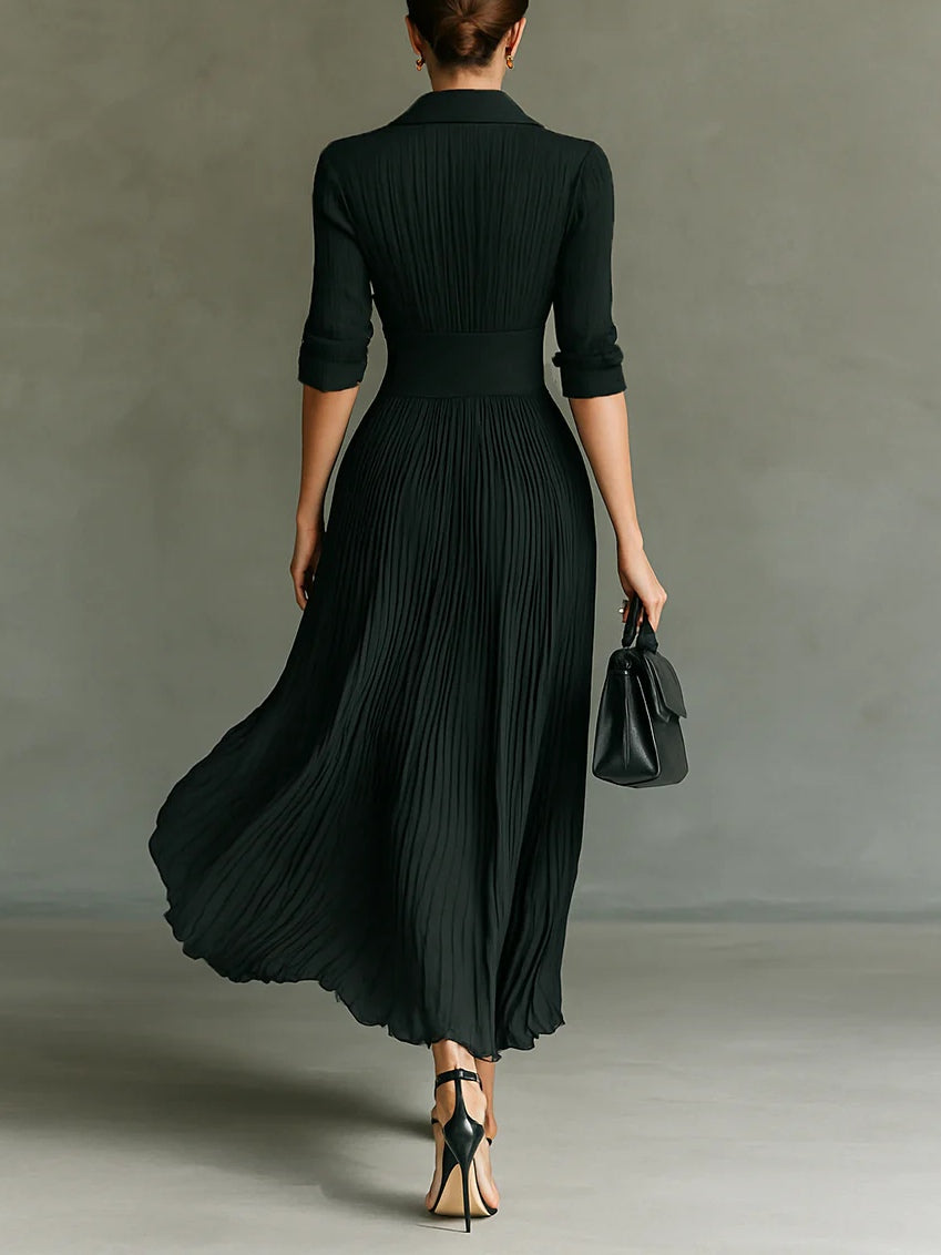 Elvire | Vestido largo plisado con cuello de solapa y cintura alta