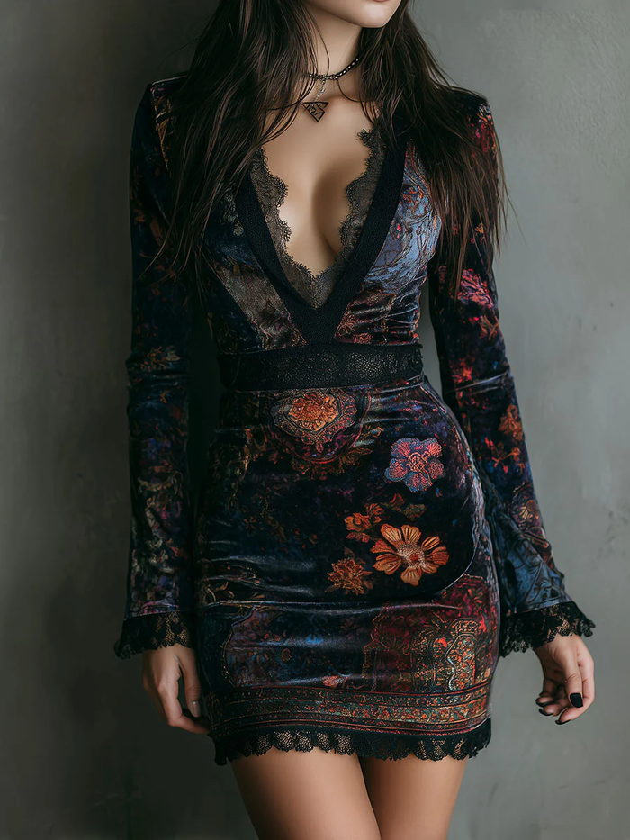 iris | Mini vestido ajustado de terciopelo, encaje y estampado floral