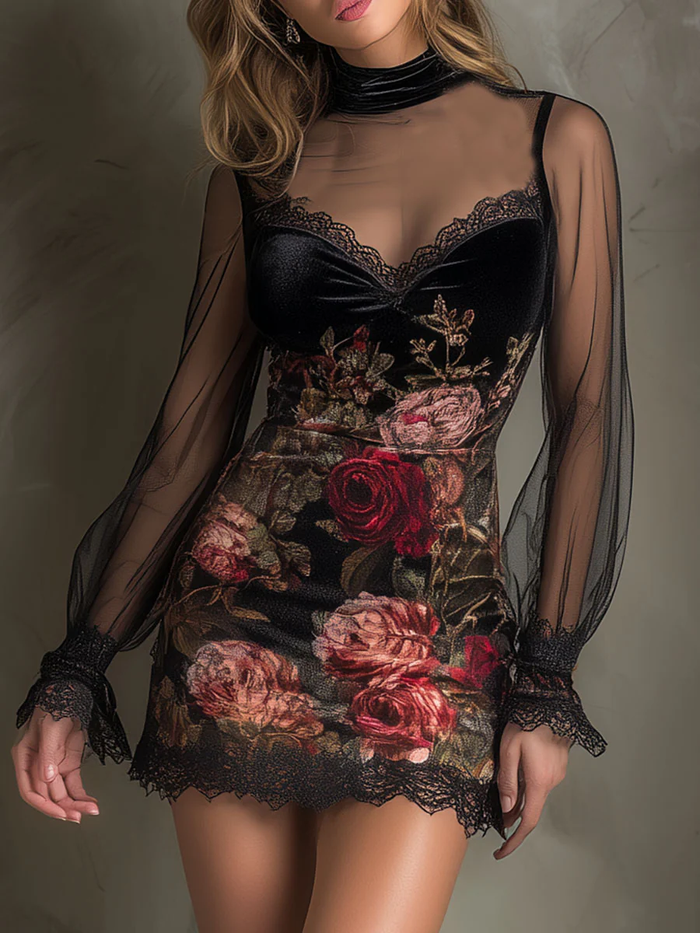 eglantina | Mini vestido en tul, estampado de rosas y encaje