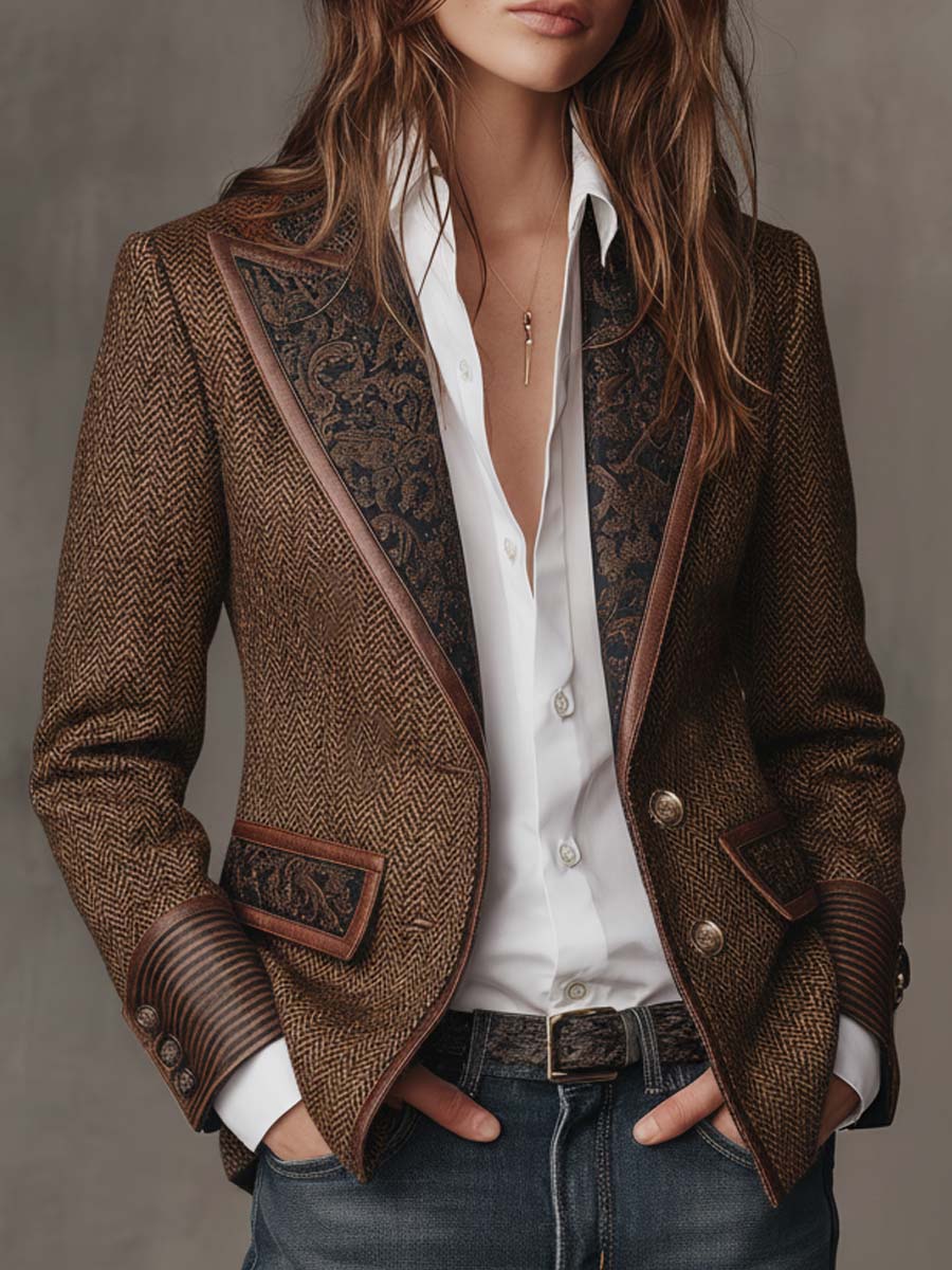 Blazer de mujer con estampado de pata de gallo y detalles estampados