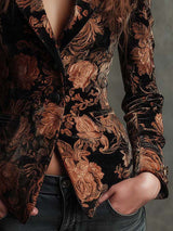 Blazer ajustado para mujer en negro y bronce con estampado floral