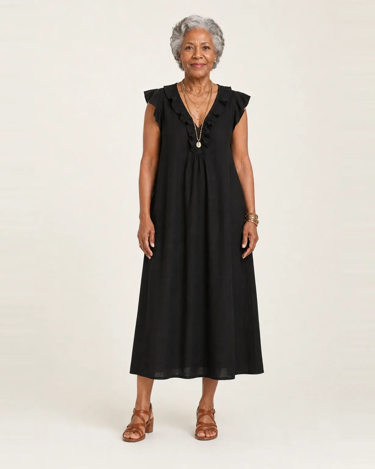 Joseta | Vestido largo con cuello en V con volantes
