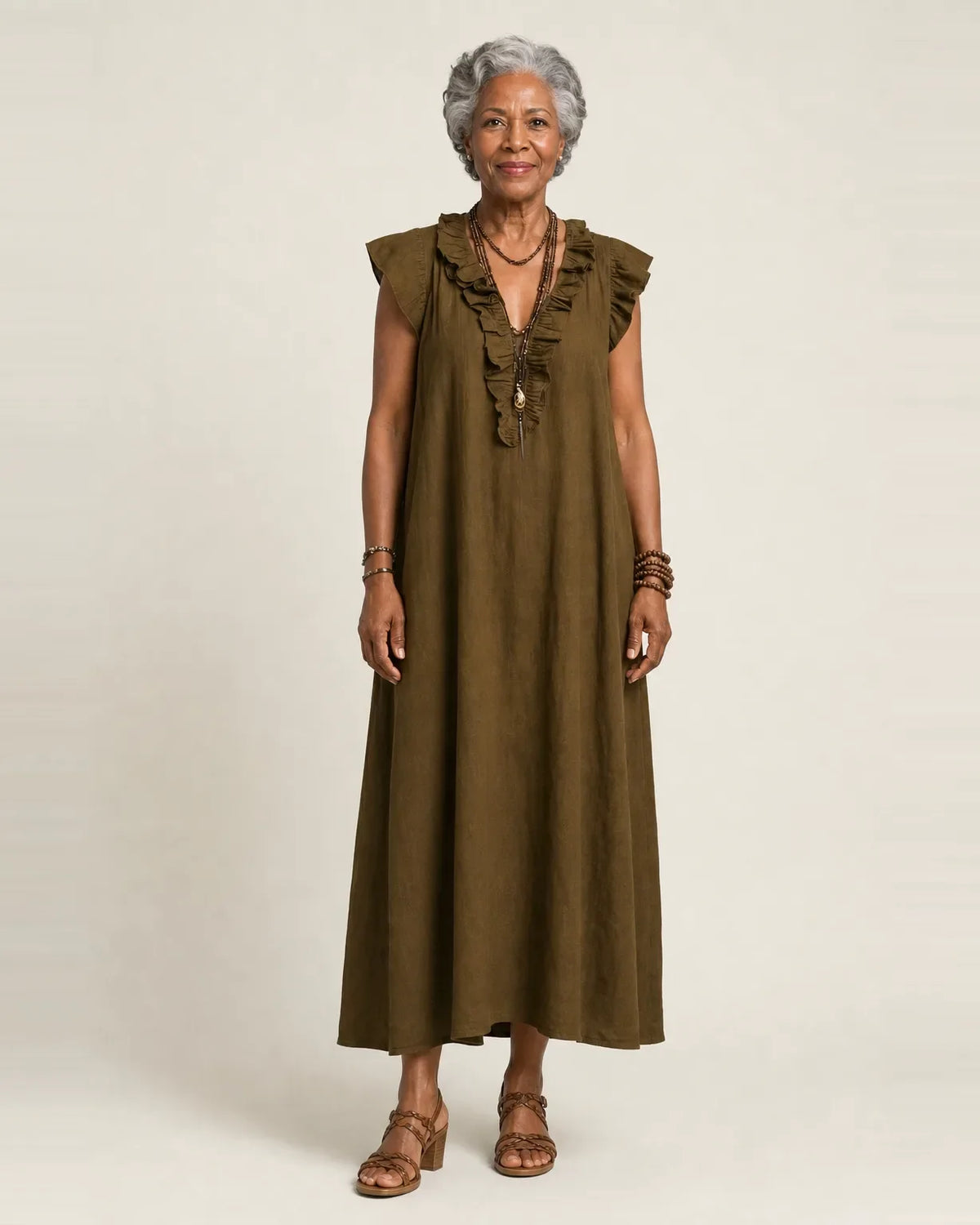 Joseta | Vestido largo con cuello en V con volantes