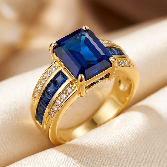Anillo de corte cuadrado de zafiro dorado