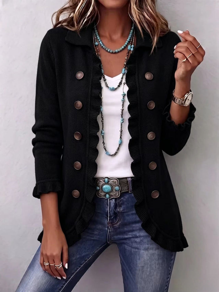 Camila | Chaqueta con volantes de punto acanalado negro azabache
