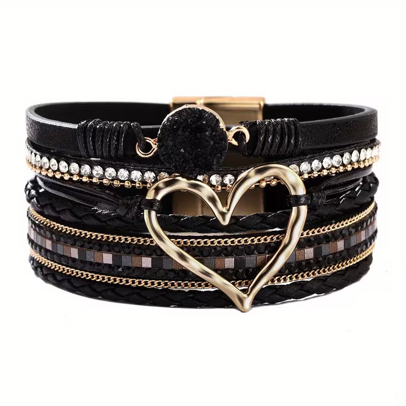 Georgia - Pulsera de cuero con corazón bohemio de varias capas