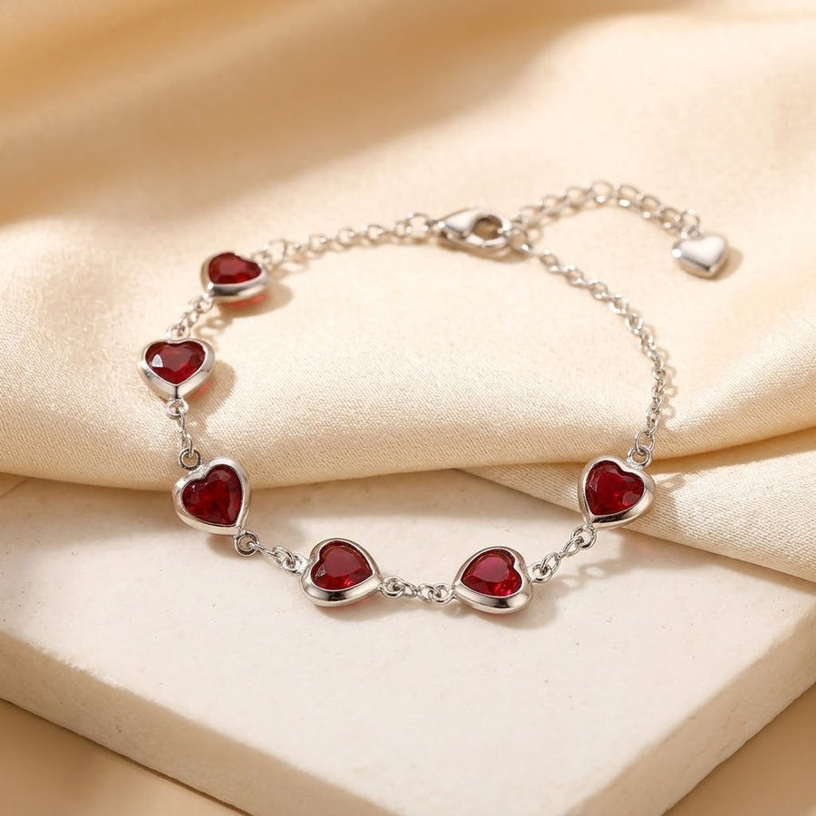 Pulsera de cadena de corazón de rubí plateado