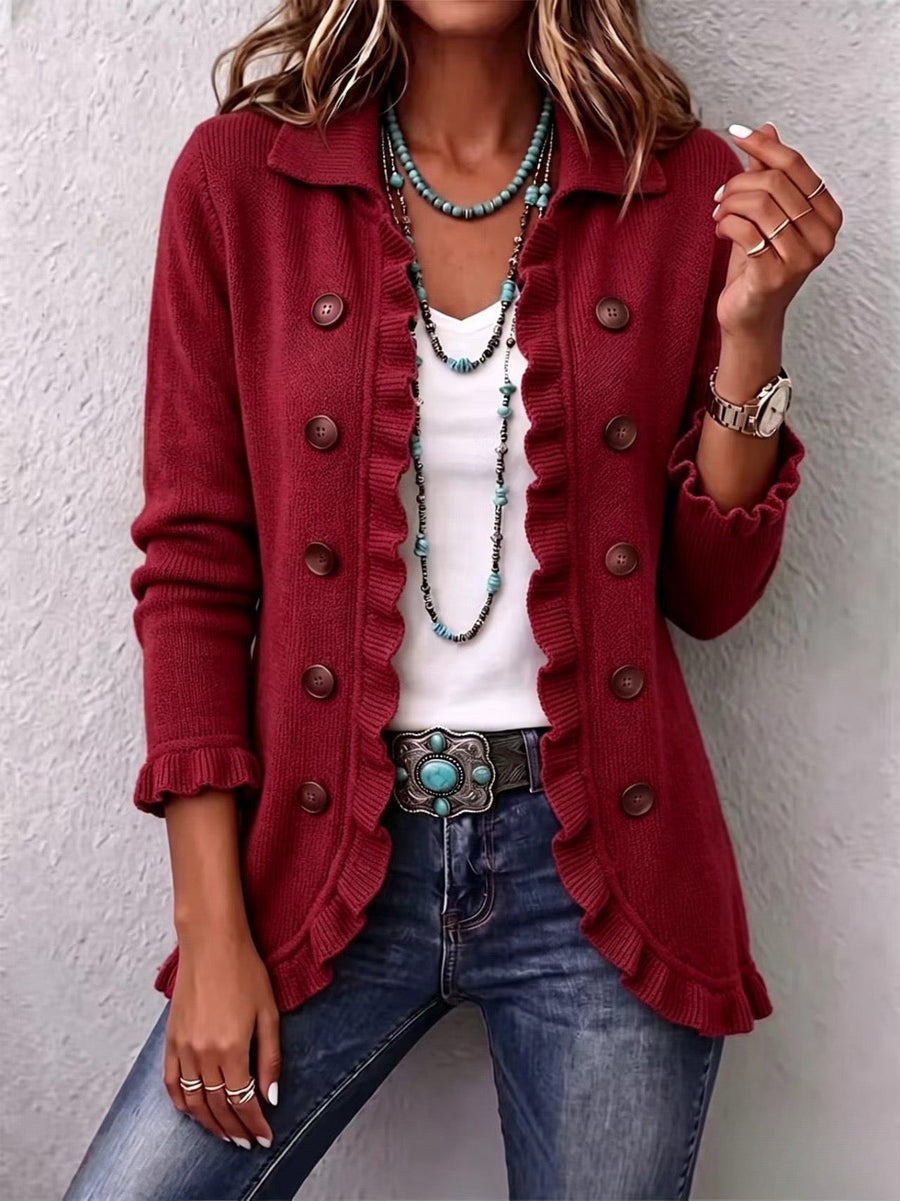 Rosario | Chaqueta con volantes de punto acanalado rojo rubí