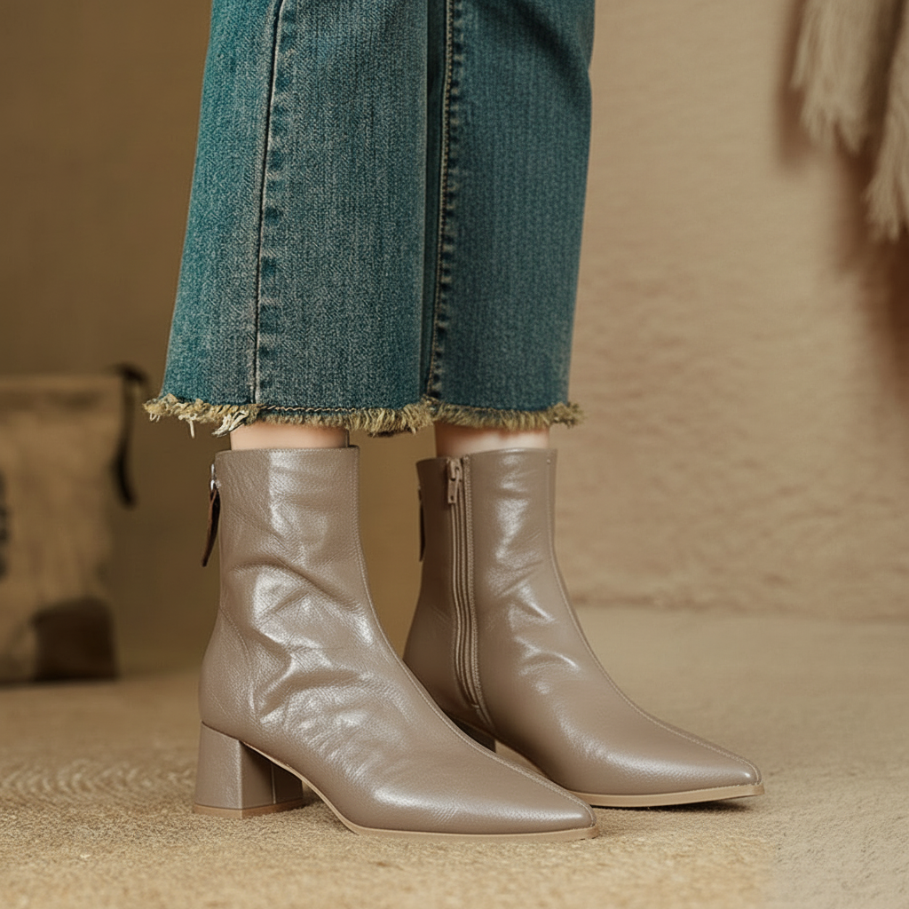 Riona – Botines de tacón de tacón de cuero genuino