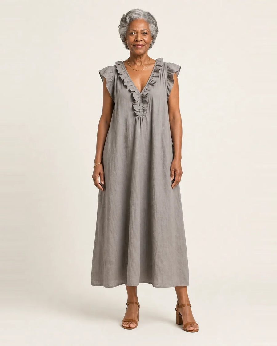 Joseta | Vestido largo con cuello en V con volantes