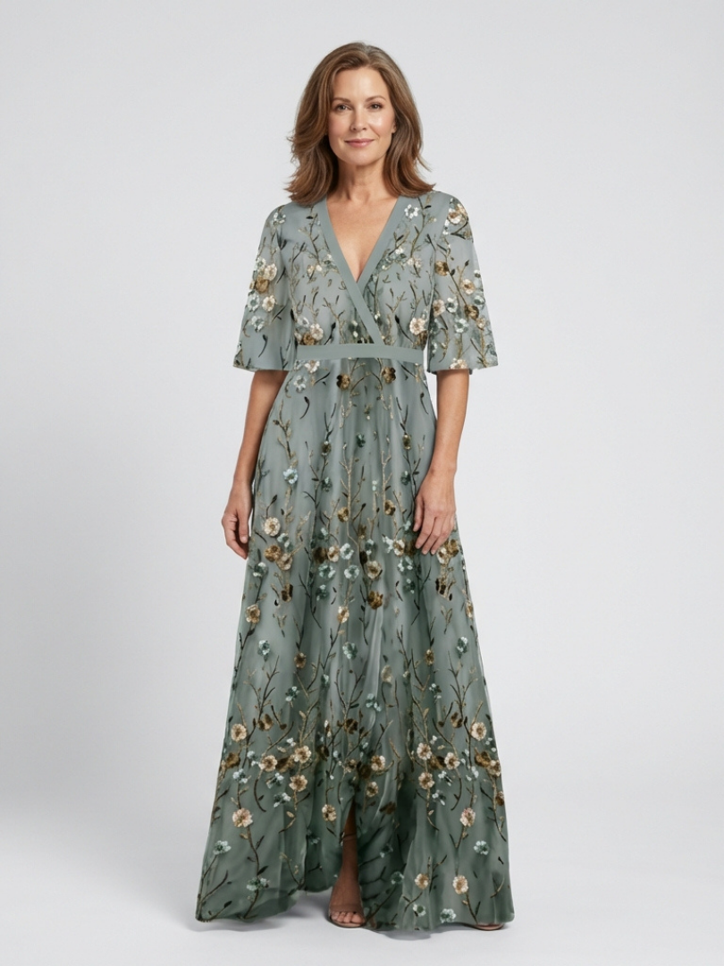 Evade | Vestido maxi de manga corta con cuello en V floral