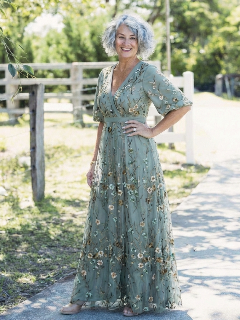 Evade | Vestido maxi de manga corta con cuello en V floral