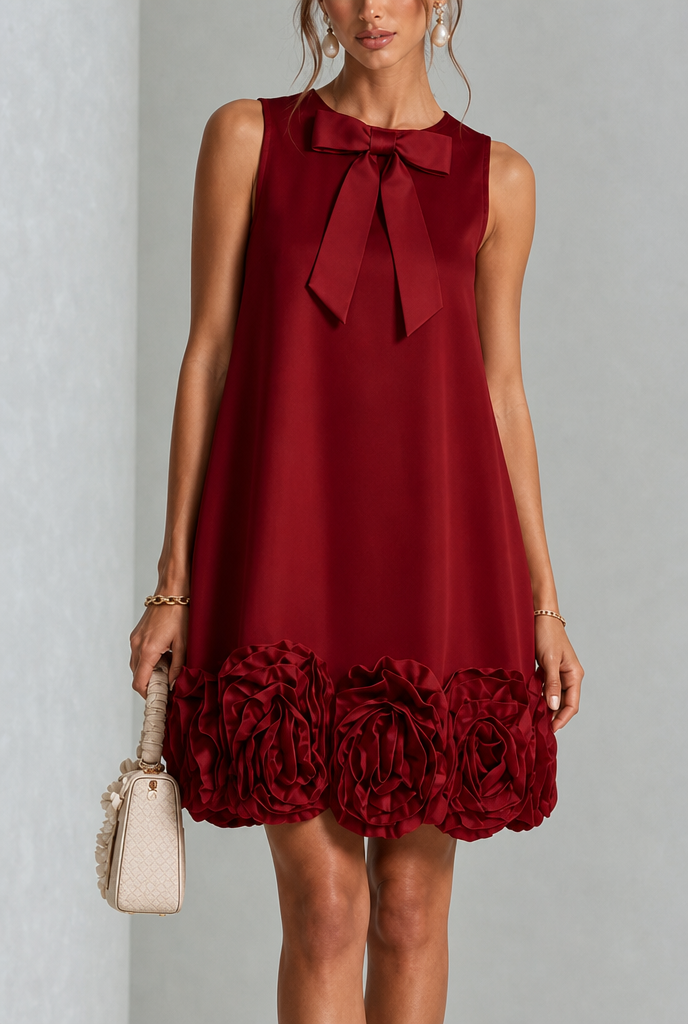 Esmeril | Vestido elegante con dobladillo floral con cuello de lazo