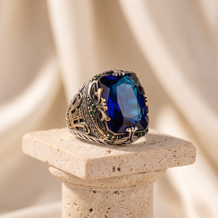 Anillo vintage de zafiro plateado