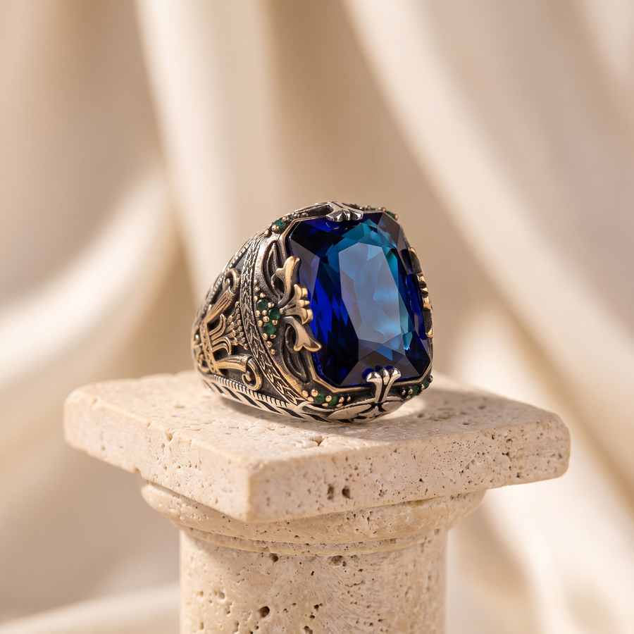 Anillo vintage de zafiro plateado