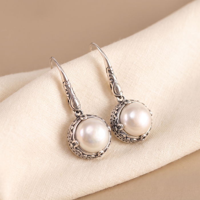 Pendientes de perlas de plata con incrustaciones vintage