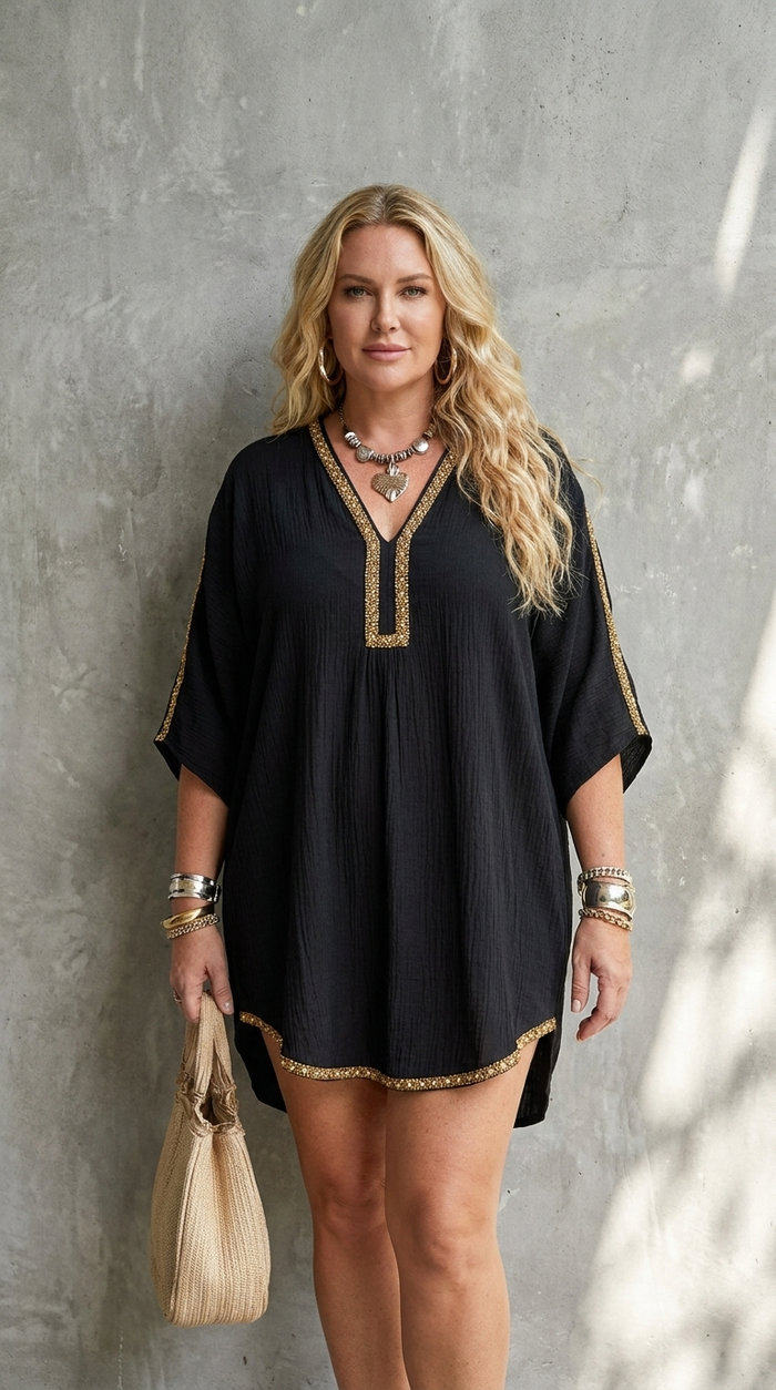 Mirella | Mini vestido negro estilo caftán con cuello en V profundo
