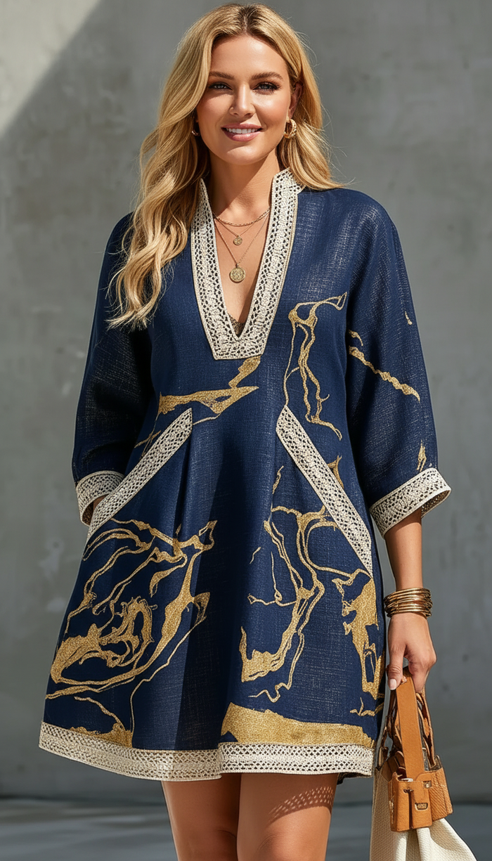 Coseta | Mini vestido azul marino con motivos dorados y encaje de ganchillo con cuello en V