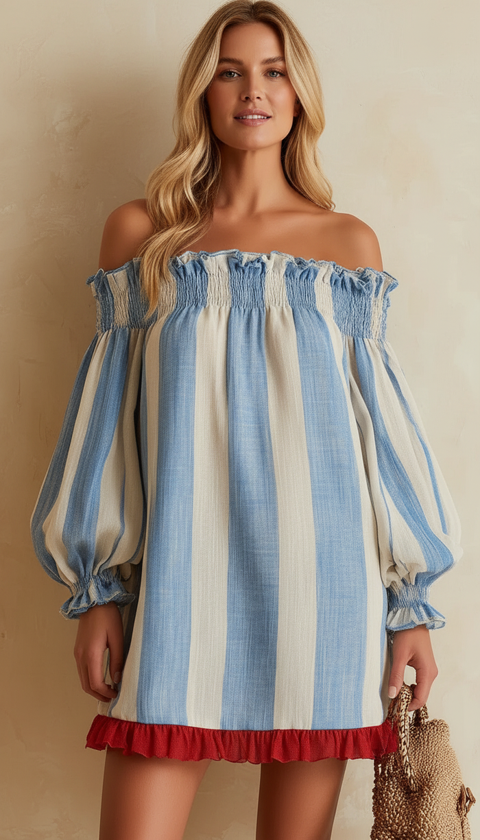 Ondina | Mini vestido a rayas azul y blanco con estilo fuera del hombro y dobladillo en contraste