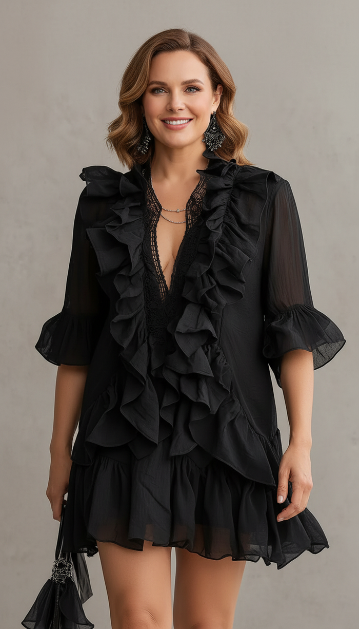 Ana | Mini vestido de gasa con volantes negro